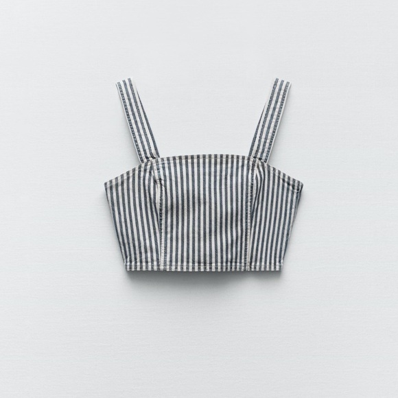 NWT Zara Striped Denim Crop Top in Blue White Size‎ Extra Small - Picture 6 of 7